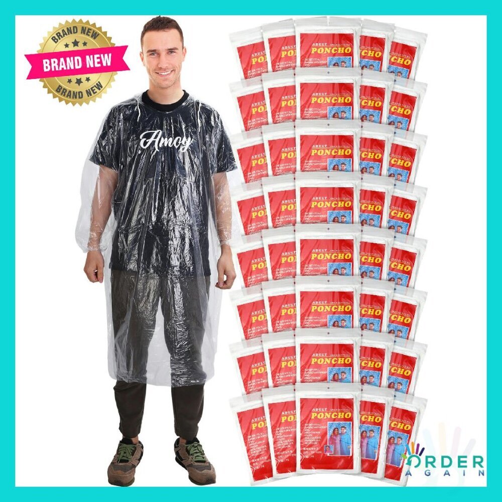 Disposable Rain Ponchos Pack Drawstring Hood Elastic Sleeves Unisex Camping